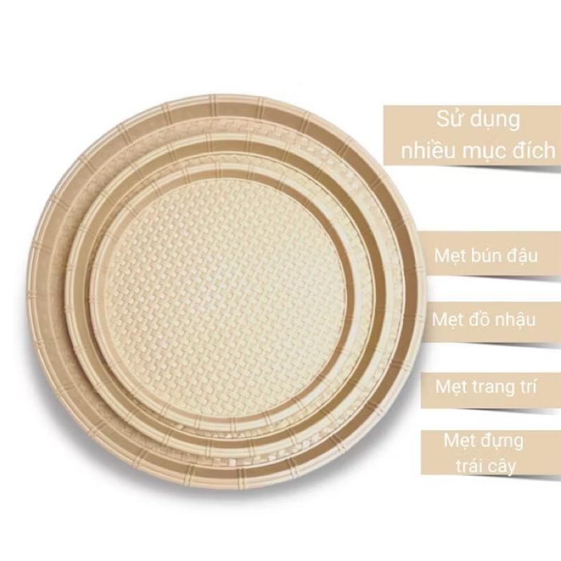 Mẹt Nhựa Tròn Giả Mây Tre – Dĩa Nhựa Đựng Bún Đậu, Đồ Ăn Vặt, Mâm Trang Trí Nhiều Size AMIZIN