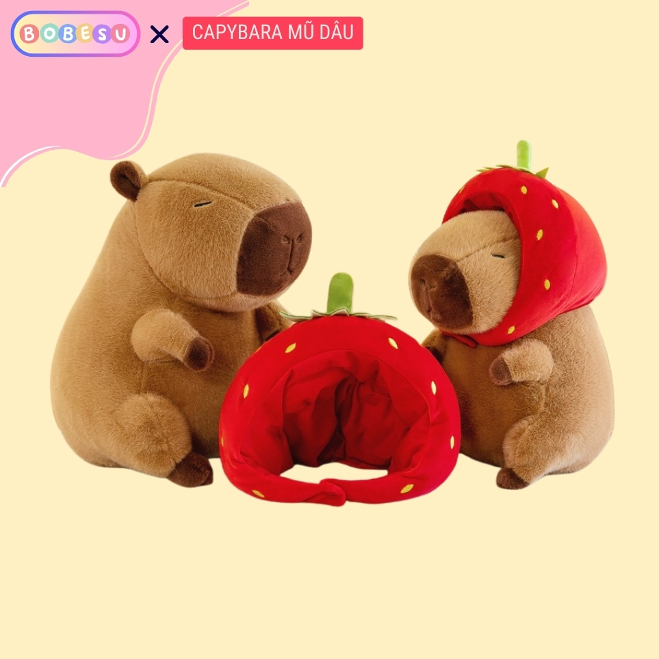 Chuột Capybara Đội Mũ Dâu Tây Dễ Thương Mũ Dâu Có Thể Tháo Rời Làm Phụ Kiện Chất Liểu Vải Lông Cao Cấp