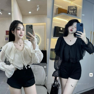 Áo cổ bèo chấm bi tiểu thư hàng Quảng châu loại một xinh xỉu