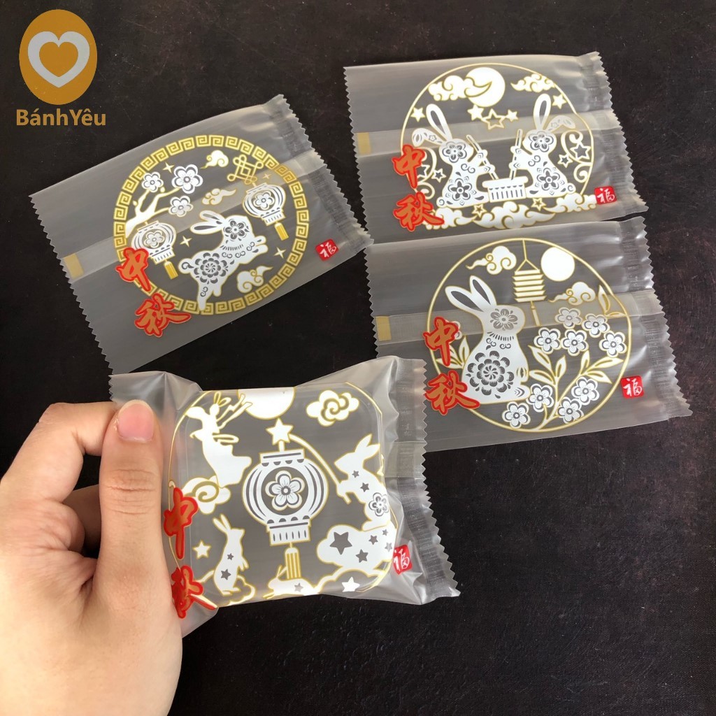 Túi ép đựng bánh trung thu Mẫu thỏ hoa trắng - Lốc 100 túi (BBTC)