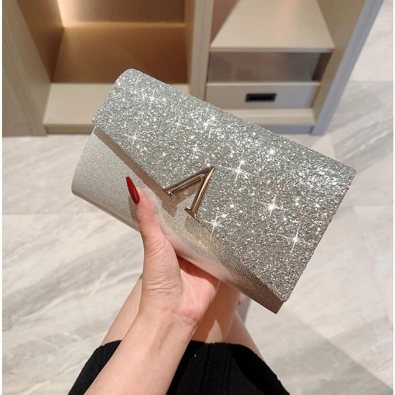 Clutch ví nữ cầm tay chữ V kim tuyến lấp lánh quý phái sang trọng CLV26 Mun Store 94