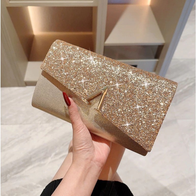 Clutch ví nữ cầm tay chữ V kim tuyến lấp lánh quý phái sang trọng CLV26 Mun Store 94