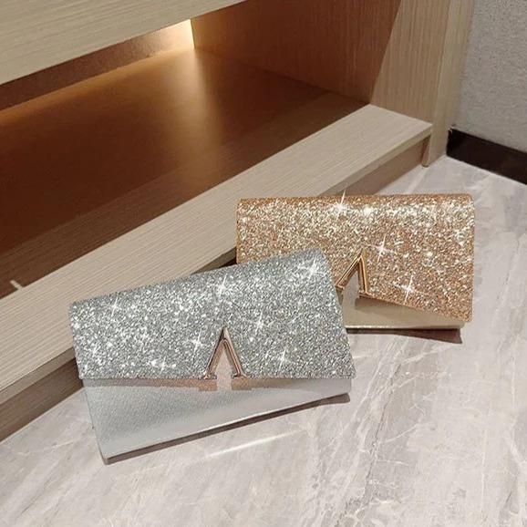 Clutch ví nữ cầm tay chữ V kim tuyến lấp lánh quý phái sang trọng CLV26 Mun Store 94