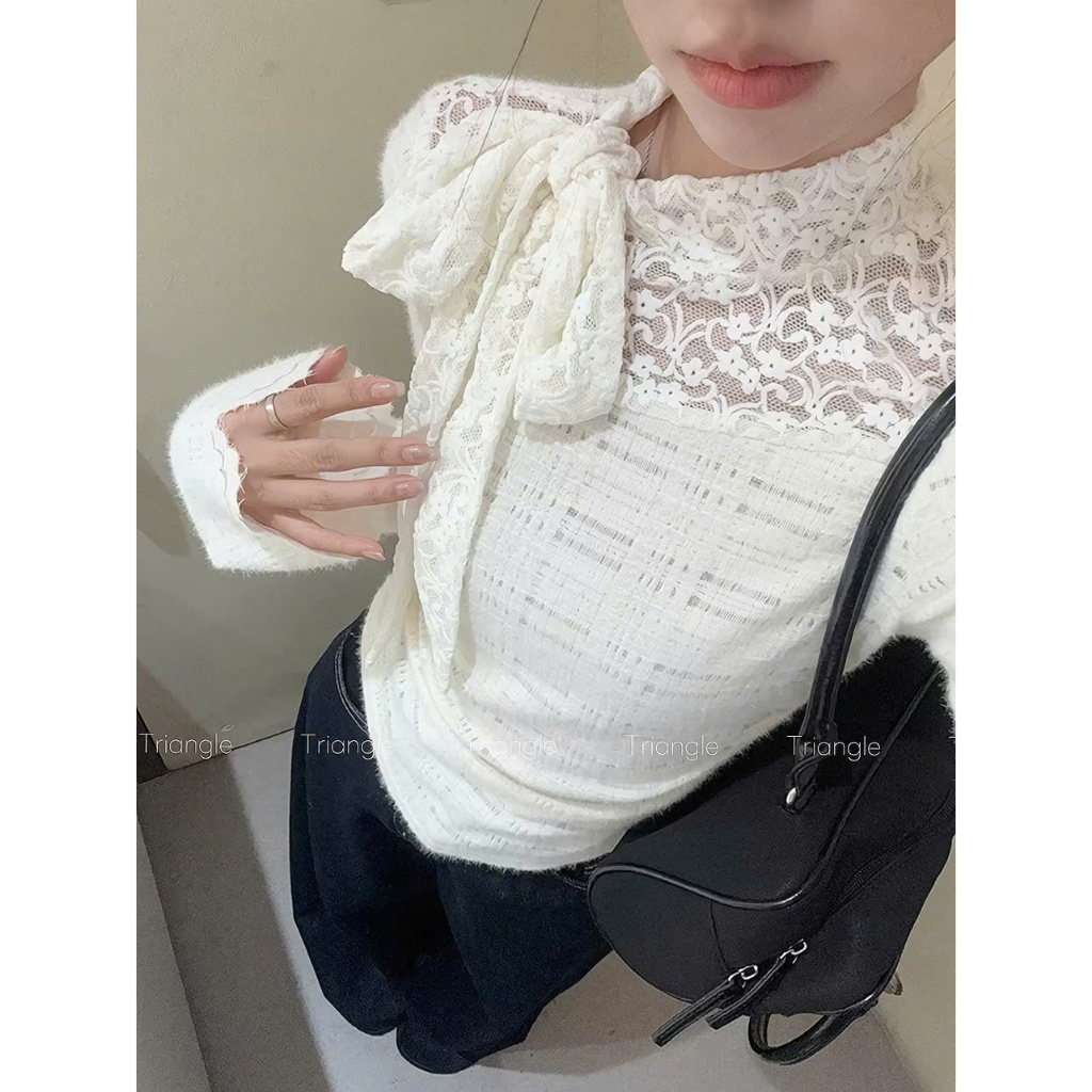 Triangle - Lace Shirt(Giá thanh lý, không hoàn)- Áo ren nơ lệch dáng ôm phong cách Hàn Quốc dễ mặc dễ mix