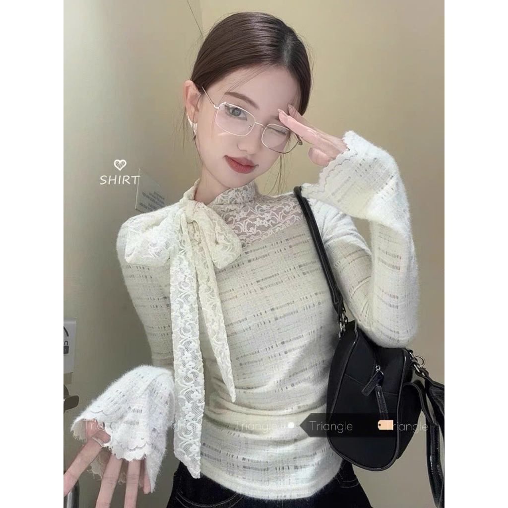 Triangle - Lace Shirt(Giá thanh lý, không hoàn)- Áo ren nơ lệch dáng ôm phong cách Hàn Quốc dễ mặc dễ mix