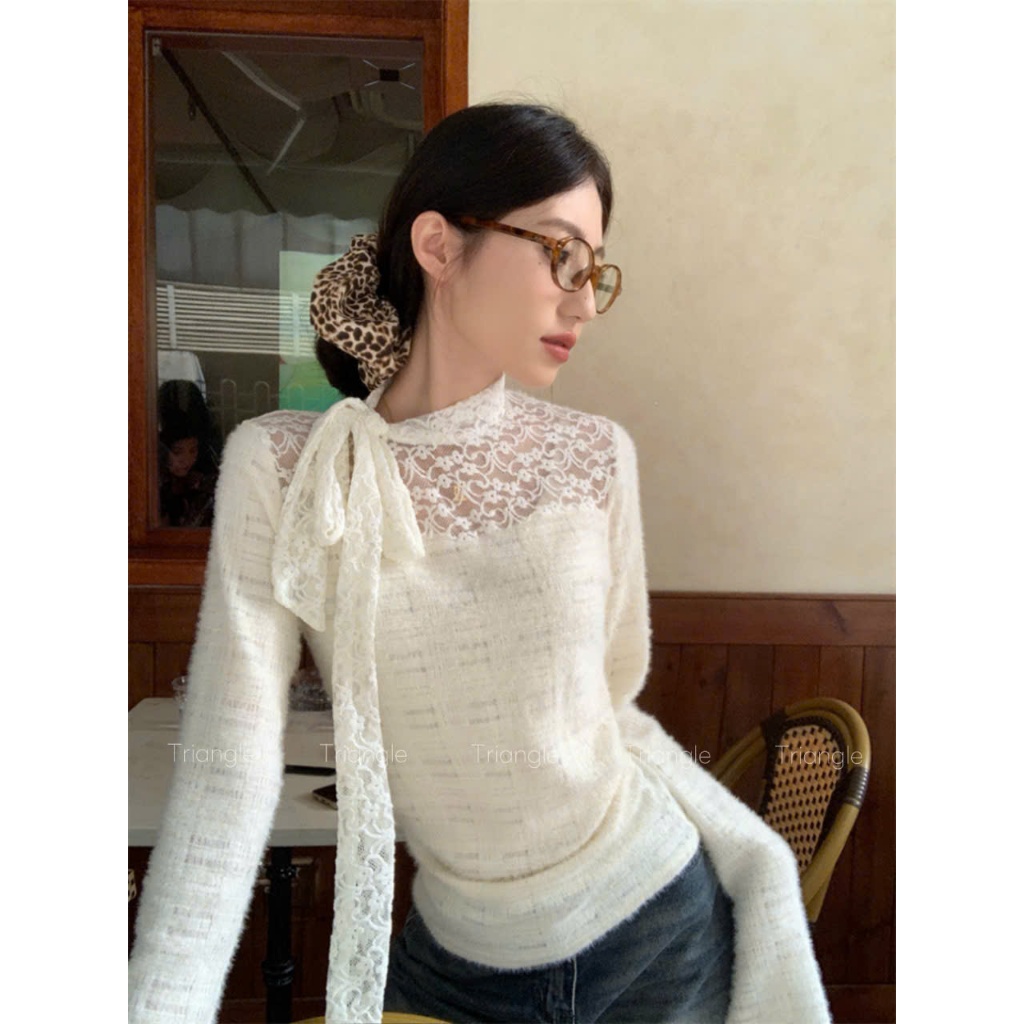 Triangle - Lace Shirt(Giá thanh lý, không hoàn)- Áo ren nơ lệch dáng ôm phong cách Hàn Quốc dễ mặc dễ mix
