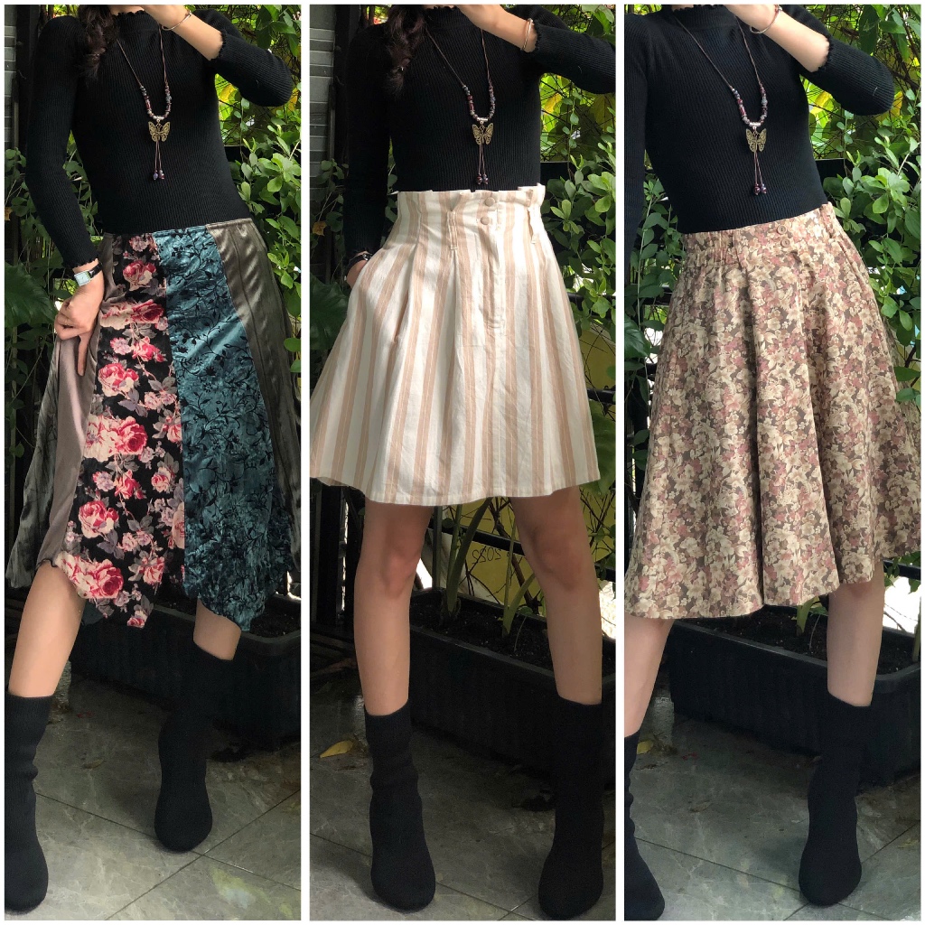 [100 mẫu/đồng giá] CHÂN VÁY DÁNG DÀI VINTAGE, chân váy len, voan hoa nhí, ghép vải, phối ren, nhung, retro style