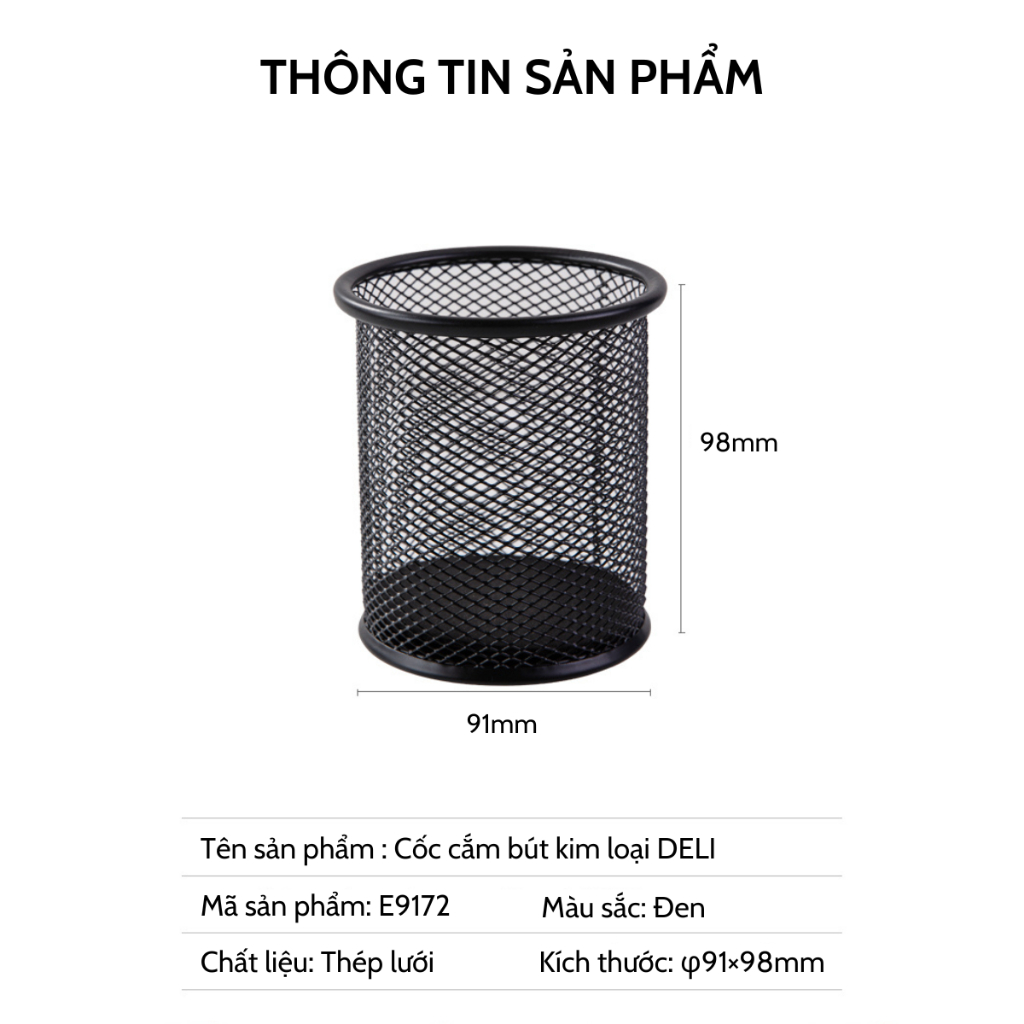 Cốc đựng bút, cọ trang điểm, phụ kiện để bàn kim loại cao cấp Deli -Thiết kế dạng lưới màu đen sạch sẽ, tiện lợi - E9172