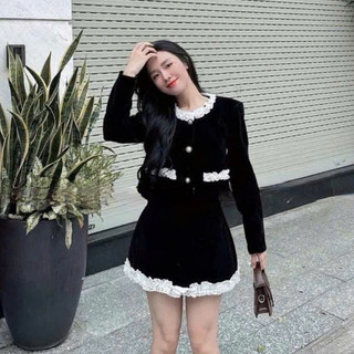 Set áo váy dạ Quảng Châu phối viền ren bèo tiểu thư, gồm áo dạ dài tay và chân váy ngắn chữ A siêu xinh