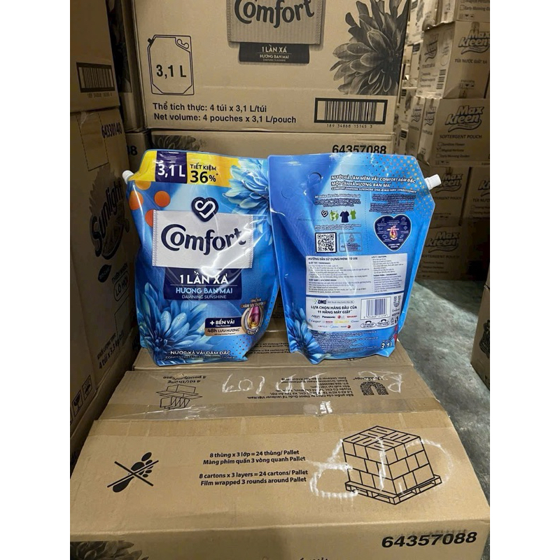 Nước xả vải Comfort một lần xả hương ban mai túi lớn 3.1l tặng