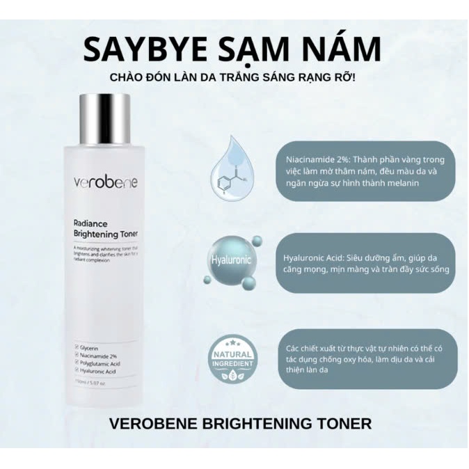 TONER DƯỠNG TRẮNG, ỨC CHẾ SẮC TỐ NÁM VEROBENE RADIANCE BRIGHT TONER 150ML
