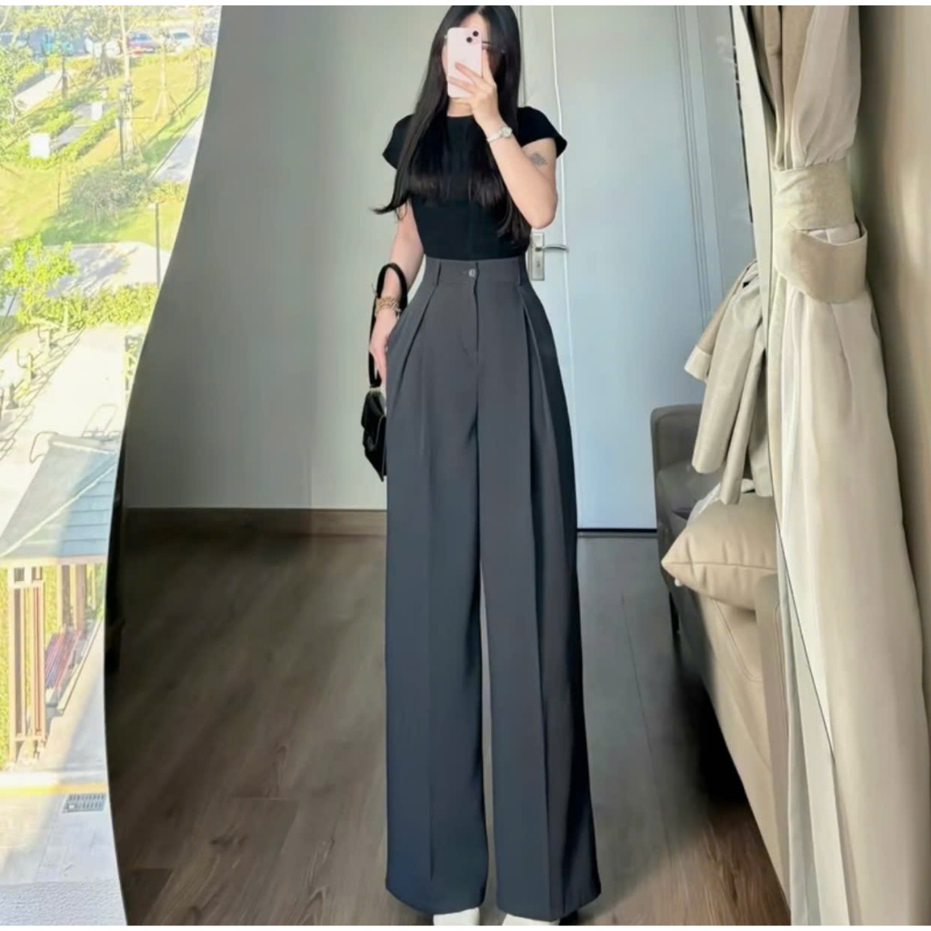 Quần Tây Suông Ống Rộng (Chất Gold Nhật) Phối Ly Lệch Lưng Cao Siêu Tôn Dáng