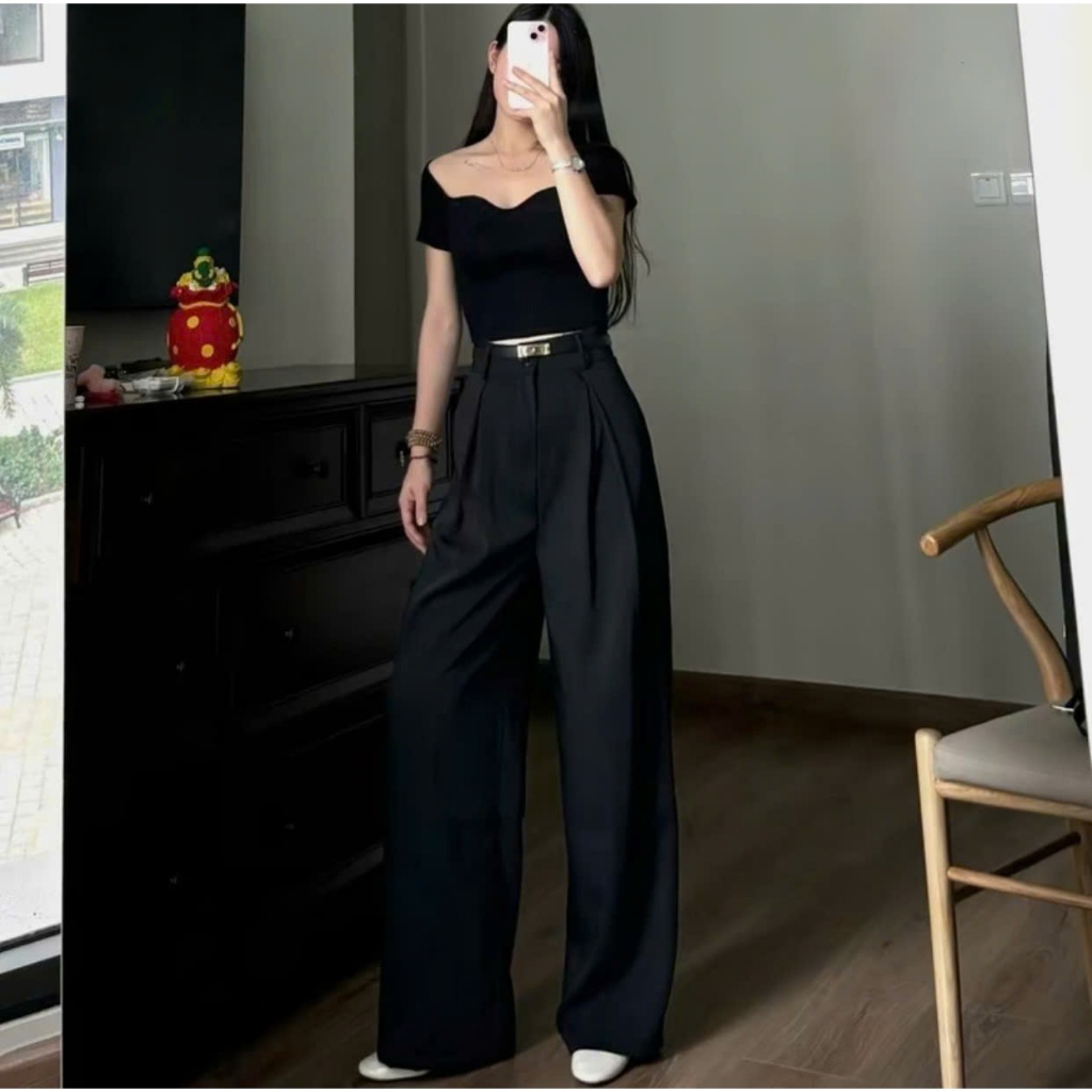 Quần Tây Suông Ống Rộng (Chất Gold Nhật) Phối Ly Lệch Lưng Cao Siêu Tôn Dáng