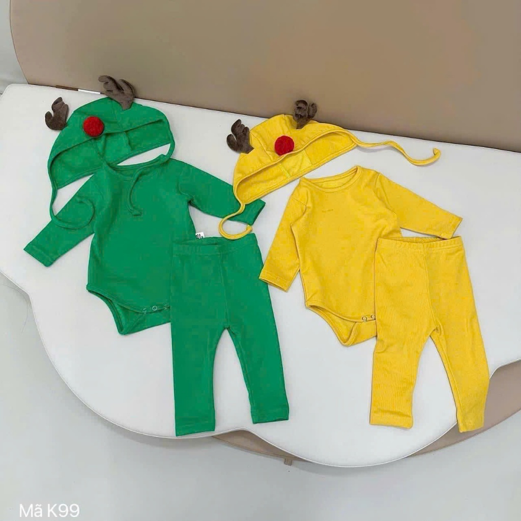 (HÀNG CÓ SẴN) Set Suit Body Tuần Lộc Noel kèm quần và mũ cover Hàn Quốc có 2 màu xanh vs vàng cho bé trai, bé gái