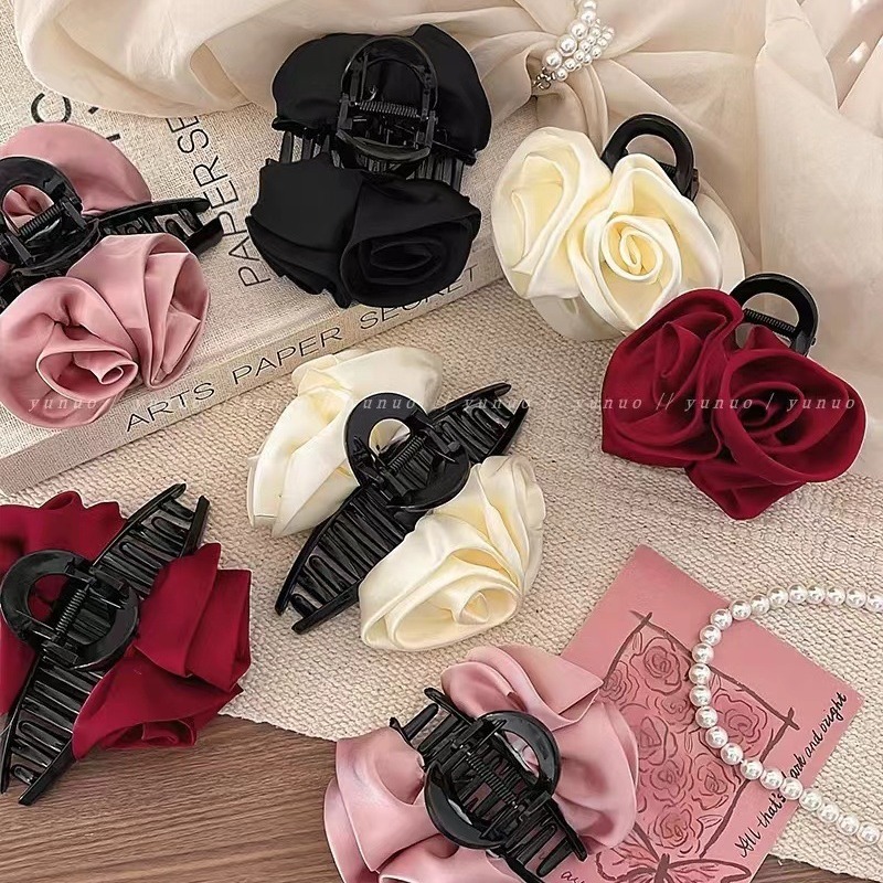 Kẹp Tóc Hoa Hồng Đôi Lụa Satin Sang Trọng Xinh Xắn Phụ Kiện Tóc