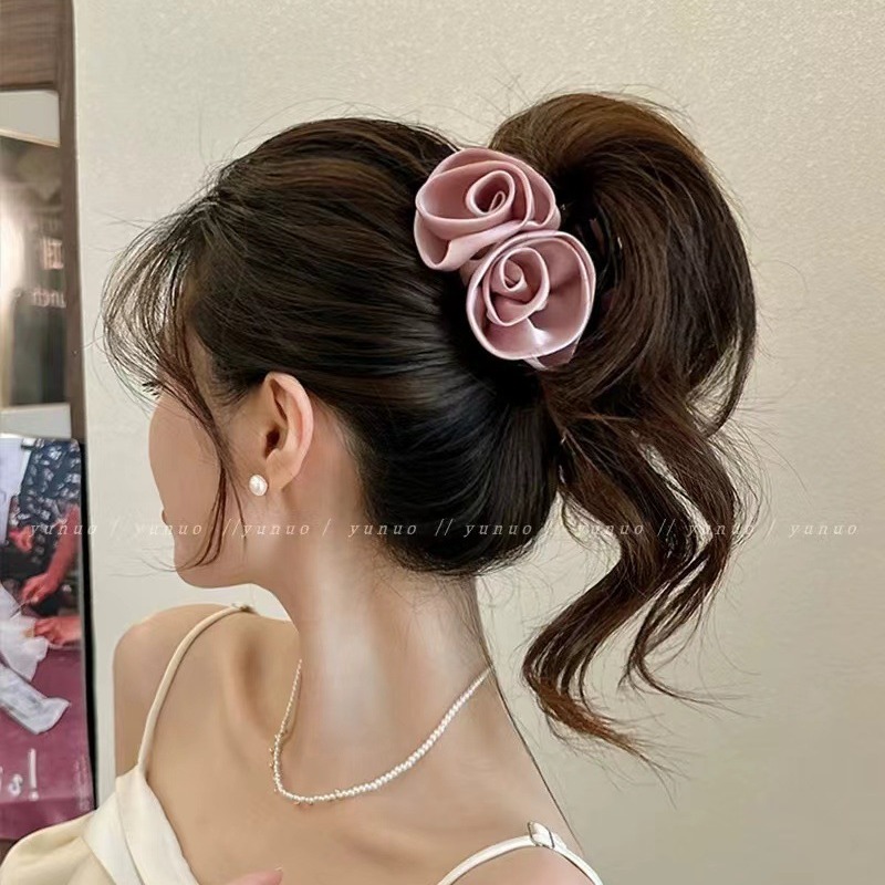 Kẹp Tóc Hoa Hồng Đôi Lụa Satin Sang Trọng Xinh Xắn Phụ Kiện Tóc