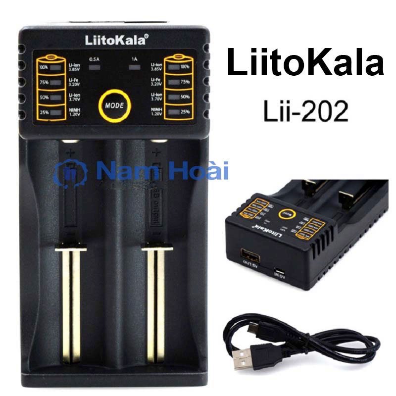 Bộ Sạc Pin Đa Năng Liitokala lii-202 hai khe pin cho pin 26650, 18650 ...