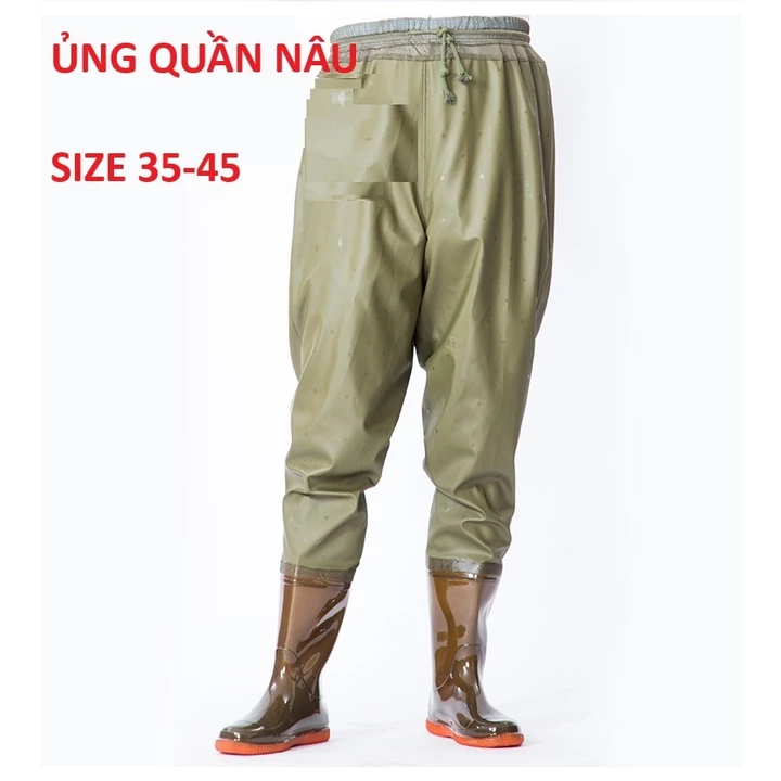 Ủng lội nước dài liền quần đế cứng màu nâu size 35-46, quần ủng bảo hộ lao động, ủng câu cá