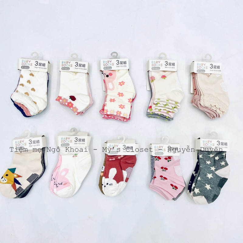 [MD159] 9-15cm Set 3 đôi tất xuất Nhật nhiều màu sắc có đế chống trơn trượt chất liệu sợi bông an toàn cho bé