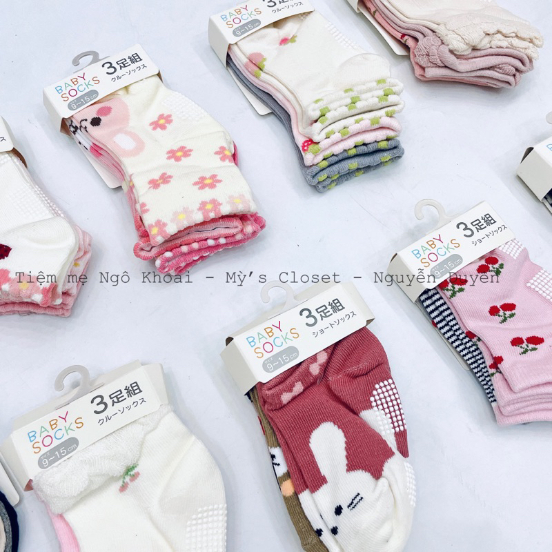 [MD159] 9-15cm Set 3 đôi tất xuất Nhật nhiều màu sắc có đế chống trơn trượt chất liệu sợi bông an toàn cho bé