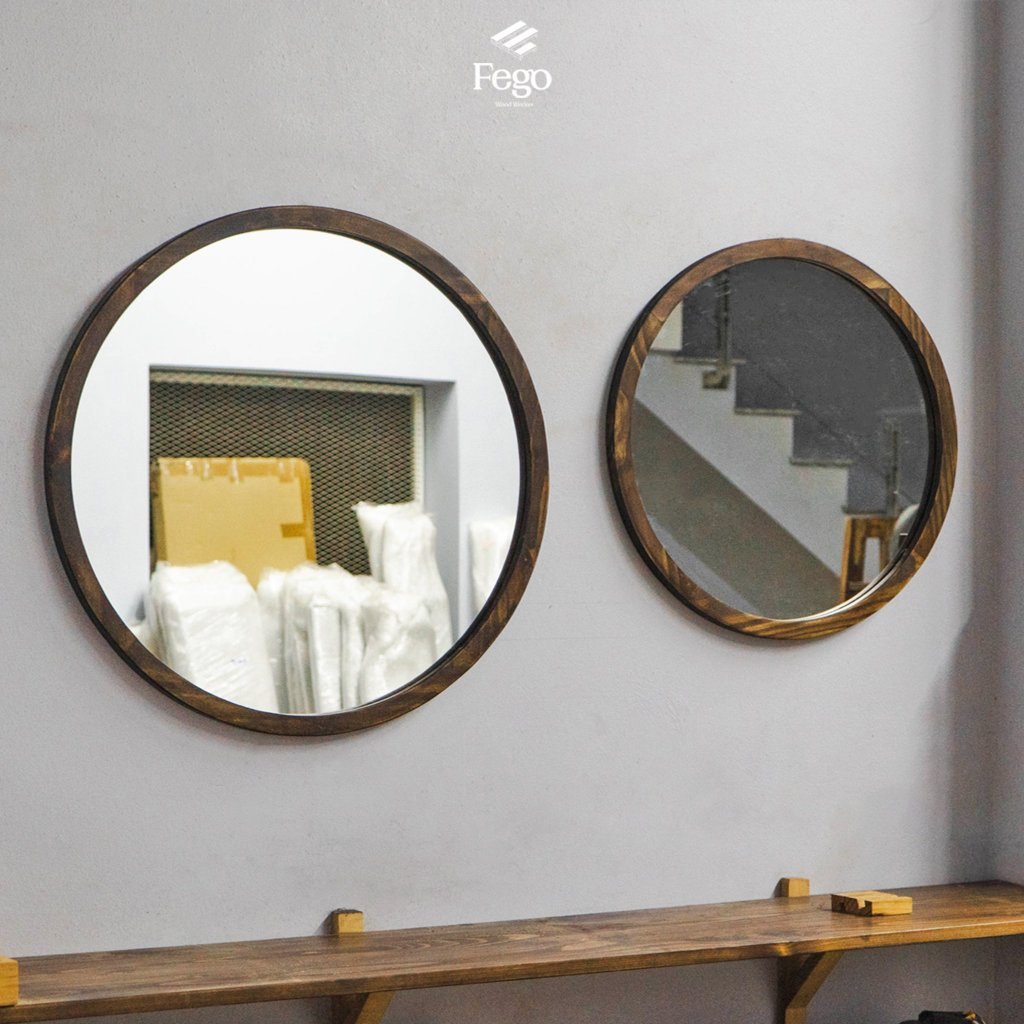 Ảnh Gương tròn treo tường viền gỗ tự nhiên FEGO dành cho bàn trang điểm, decor phòng tắm và phòng ngủ 3