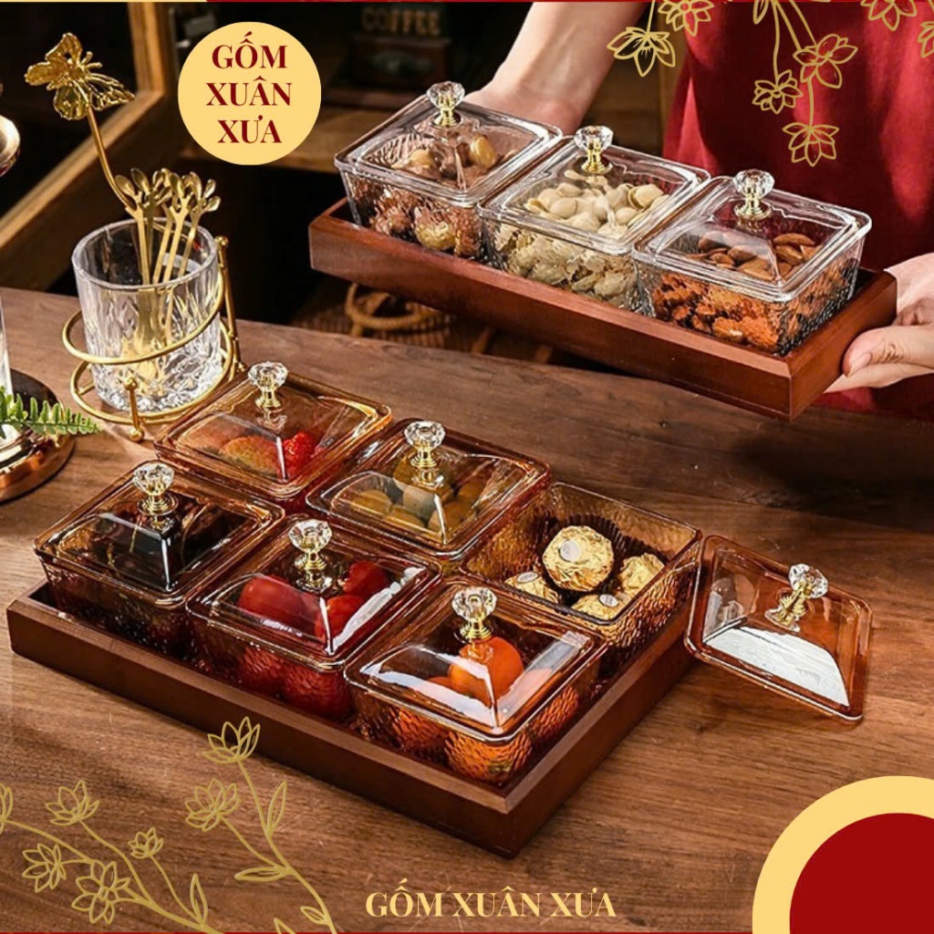 Khay Đựng Mứt Tết Hũ Thủy Tinh Nắp Nhựa Gốm Xuân Xưa, Hộp đựng bánh kẹo ...