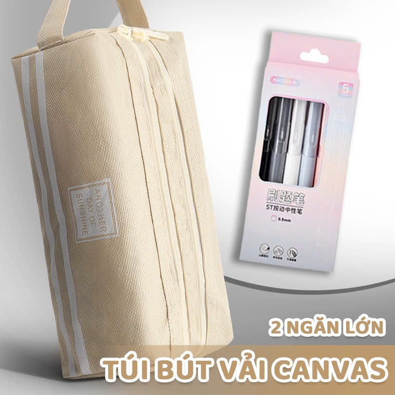 Túi Bút Nhiều Ngăn Canvas, Túi Đựng Bút Vải Hai Ngăn, Hộp Bút Vải Phù Hợp Cho Học Sinh Văn Phòng