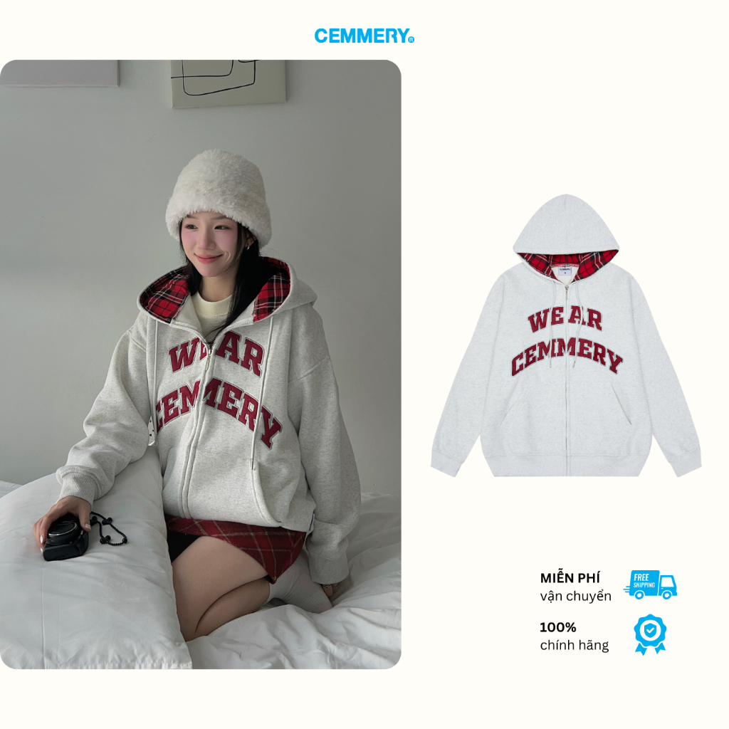Hoodie CEMMERY Local Brand Chính Hãng Snap Hoodie Zip Màu Nỉ Bông Phối Nón Caro Màu Grey
