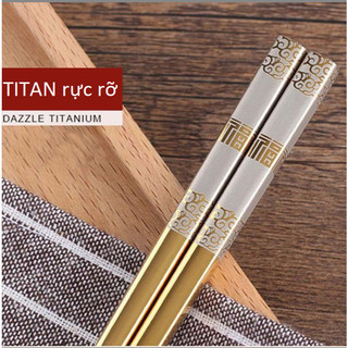 Combo10 Đôi Đũa Inox 304,Hoa Văn PHÚC LÀNH Mạ Titanium VÀNG,ĐEN Inox 304, Khắc Laser Chống Trượt