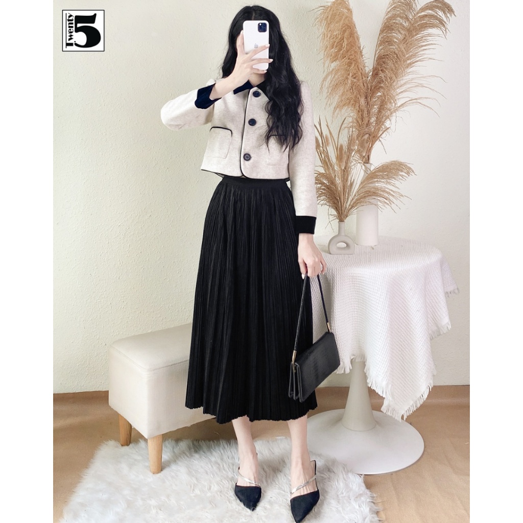 Chân váy nhung dáng dài vải dày giữ ấm xếp ly nhỏ cạp chun freesize Twentyfive 4287