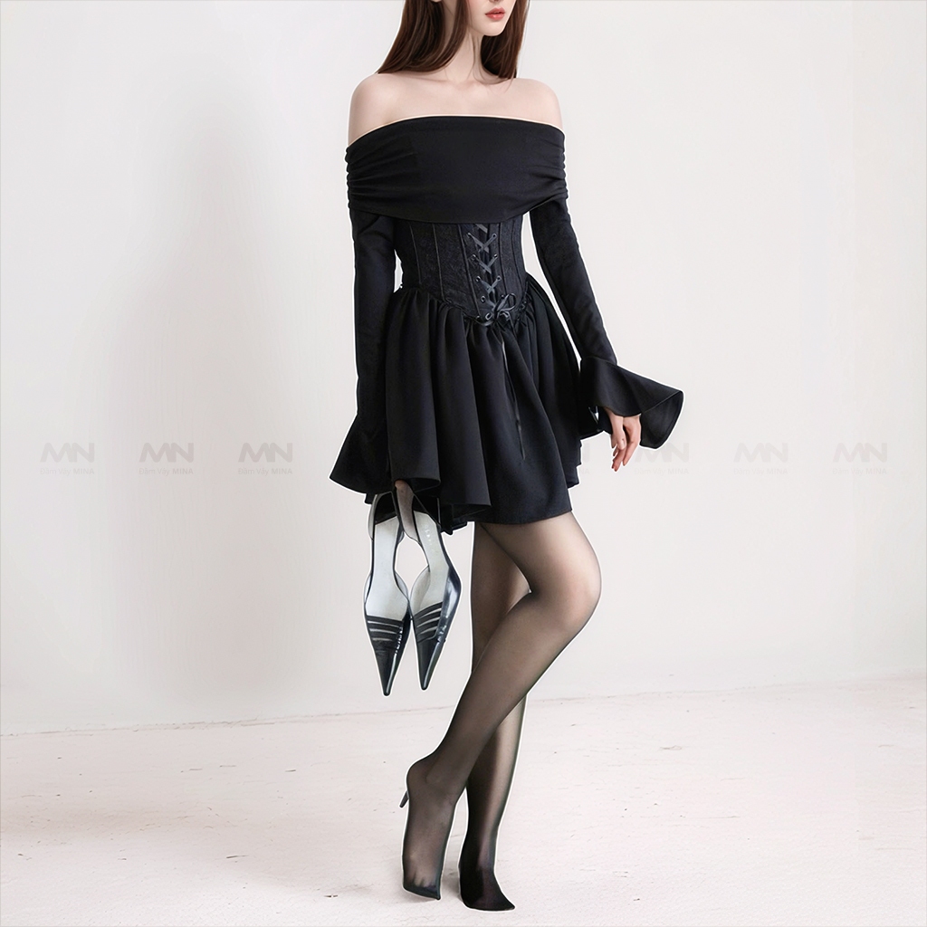 Ảnh Đầm trễ vai Corset MINA thiết kế dự tiệc, dạ hội chất liệu Cotton Nhật phối ren MN285 2