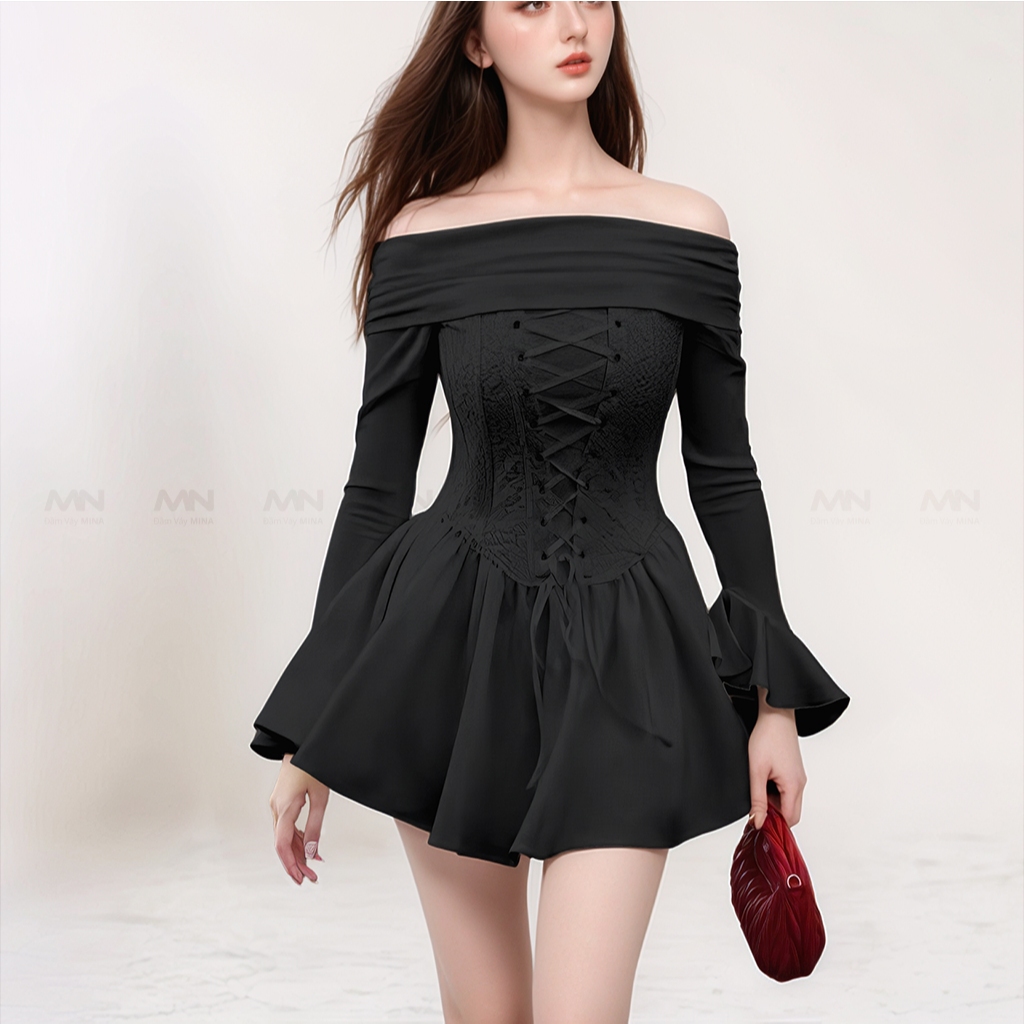 Ảnh Đầm trễ vai Corset MINA thiết kế dự tiệc, dạ hội chất liệu Cotton Nhật phối ren MN285 3