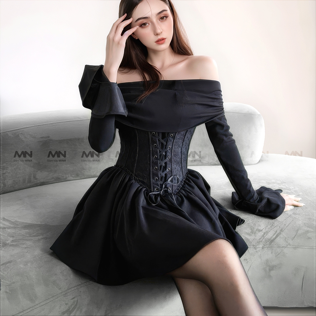Ảnh Đầm trễ vai Corset MINA thiết kế dự tiệc, dạ hội chất liệu Cotton Nhật phối ren MN285 4