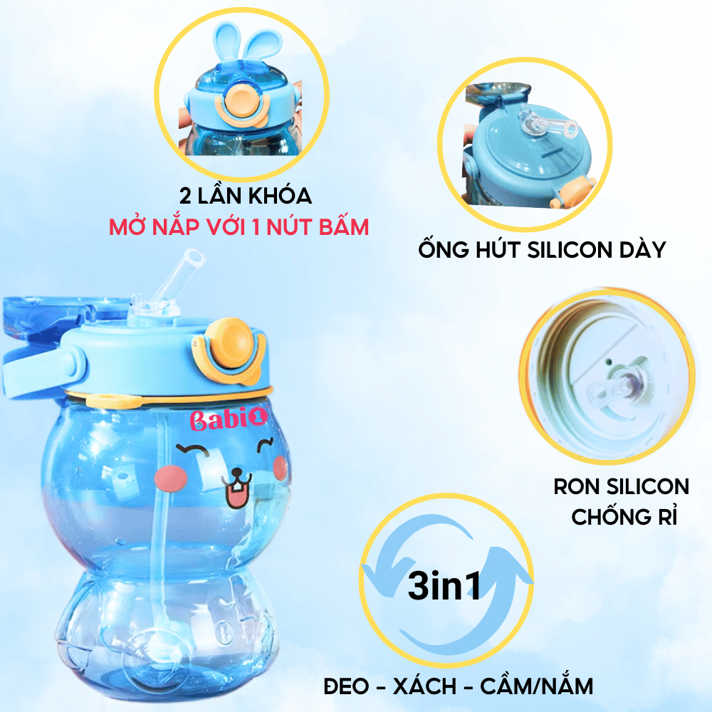 Bình Nước Cho Bé Babi1 Hoạ Tiết Thỏ Bunny, Ống Hút Silicon Khoá Chống Tràn, Rò Rỉ, Tay Cầm 500ml