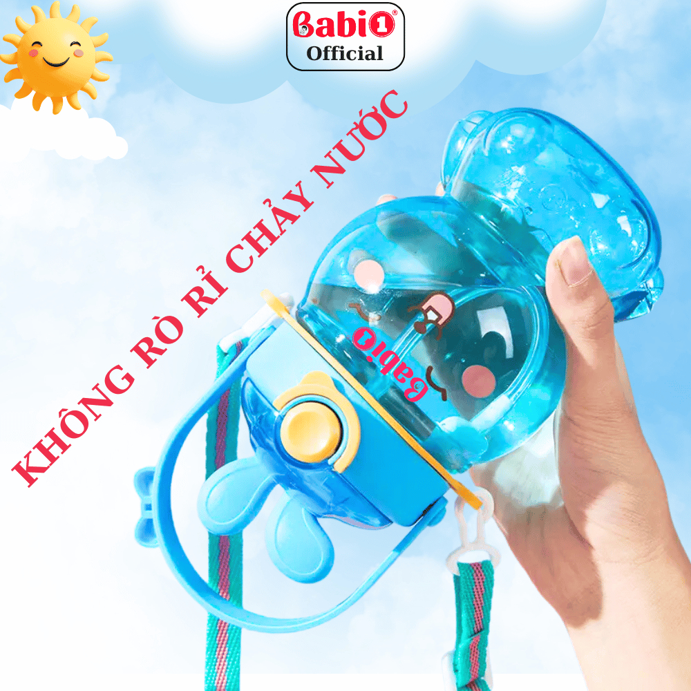 Bình Nước Cho Bé Babi1 Hoạ Tiết Thỏ Bunny, Ống Hút Silicon Khoá Chống Tràn, Rò Rỉ, Tay Cầm 500ml