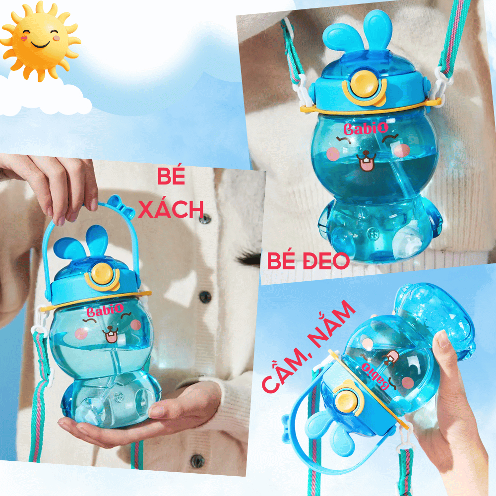 Bình Nước Cho Bé Babi1 Hoạ Tiết Thỏ Bunny, Ống Hút Silicon Khoá Chống Tràn, Rò Rỉ, Tay Cầm 500ml