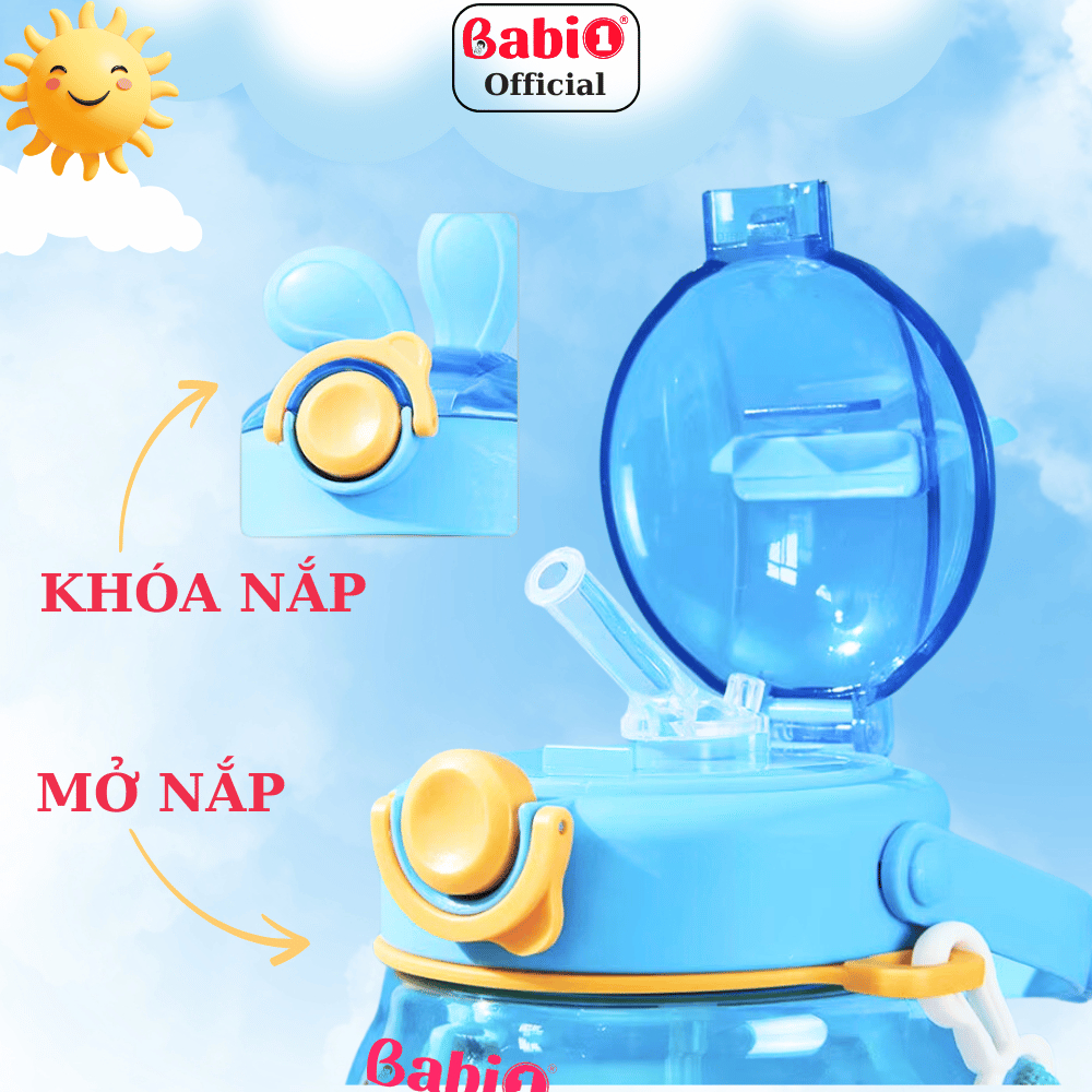 Bình Nước Cho Bé Babi1 Hoạ Tiết Thỏ Bunny, Ống Hút Silicon Khoá Chống Tràn, Rò Rỉ, Tay Cầm 500ml