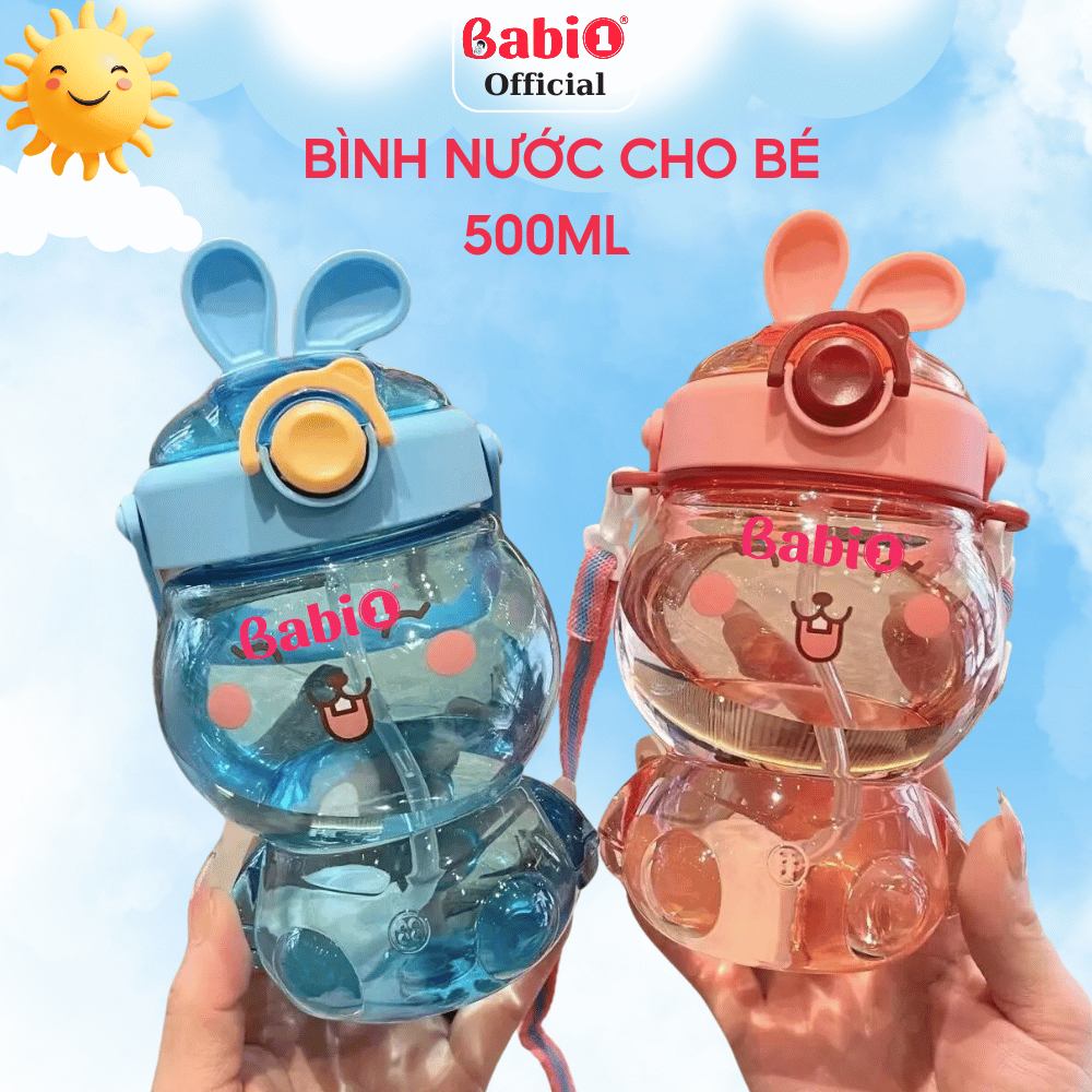 Bình Nước Cho Bé Babi1 Hoạ Tiết Thỏ Bunny, Ống Hút Silicon Khoá Chống Tràn, Rò Rỉ, Tay Cầm 500ml
