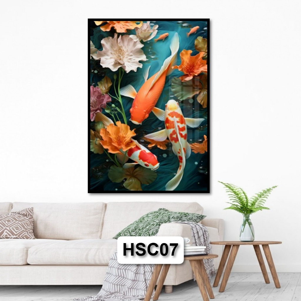 Tranh Gỗ Tráng Gương Có Khung Hoa Sen Cá Koi Cá Chép Phong Thủy Đem Lại Tài Lộc May Mắn Sức Khỏe Decor Tường