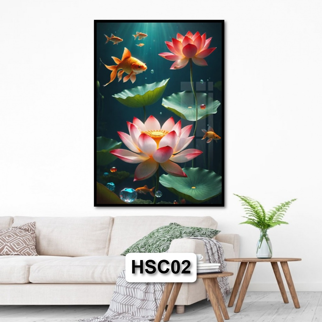 Tranh Gỗ Tráng Gương Có Khung Hoa Sen Cá Koi Cá Chép Phong Thủy Đem Lại Tài Lộc May Mắn Sức Khỏe Decor Tường