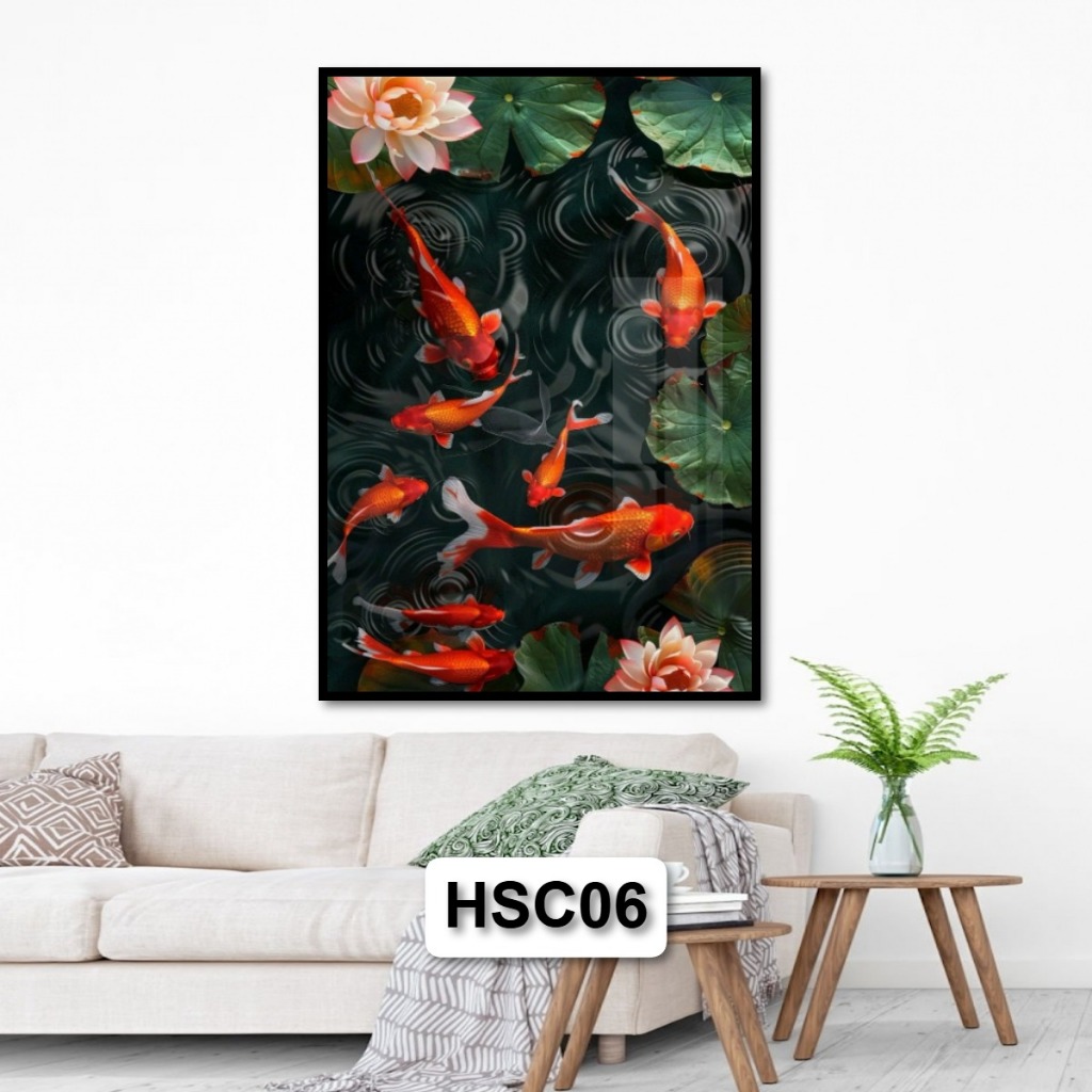 Tranh Gỗ Tráng Gương Có Khung Hoa Sen Cá Koi Cá Chép Phong Thủy Đem Lại Tài Lộc May Mắn Sức Khỏe Decor Tường