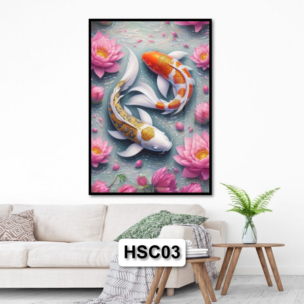 Tranh Gỗ Tráng Gương Có Khung Hoa Sen Cá Koi Cá Chép Phong Thủy Đem Lại Tài Lộc May Mắn Sức Khỏe Decor Tường