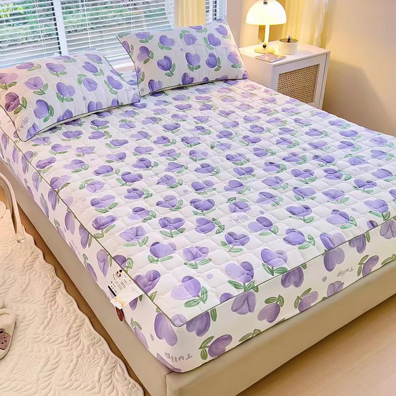 Ảnh Bộ Ga Gối Cotton Đũi Đậu Nành Mịn Decor Bo Chun 15cm, Ga Giường Chần Bông Hoạ Tiết Dễ Thương 4