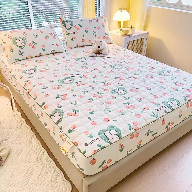 Ảnh Bộ Ga Gối Cotton Đũi Đậu Nành Mịn Decor Bo Chun 15cm, Ga Giường Chần Bông Hoạ Tiết Dễ Thương 2