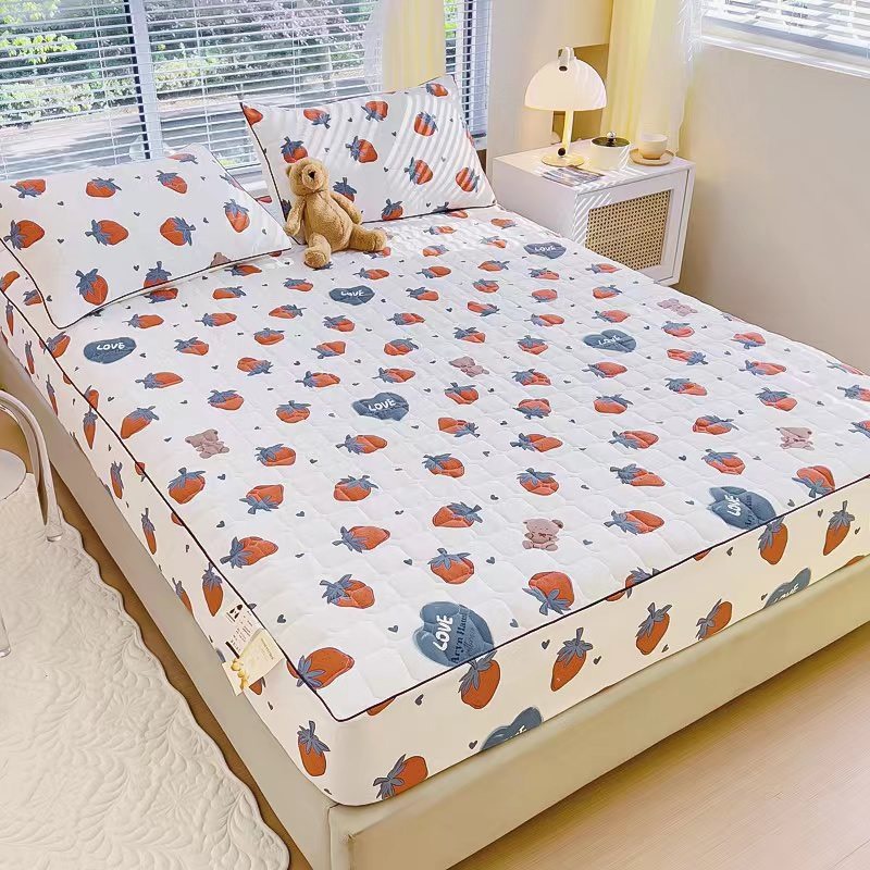 Ảnh Bộ Ga Gối Cotton Đũi Đậu Nành Mịn Decor Bo Chun 15cm, Ga Giường Chần Bông Hoạ Tiết Dễ Thương 3