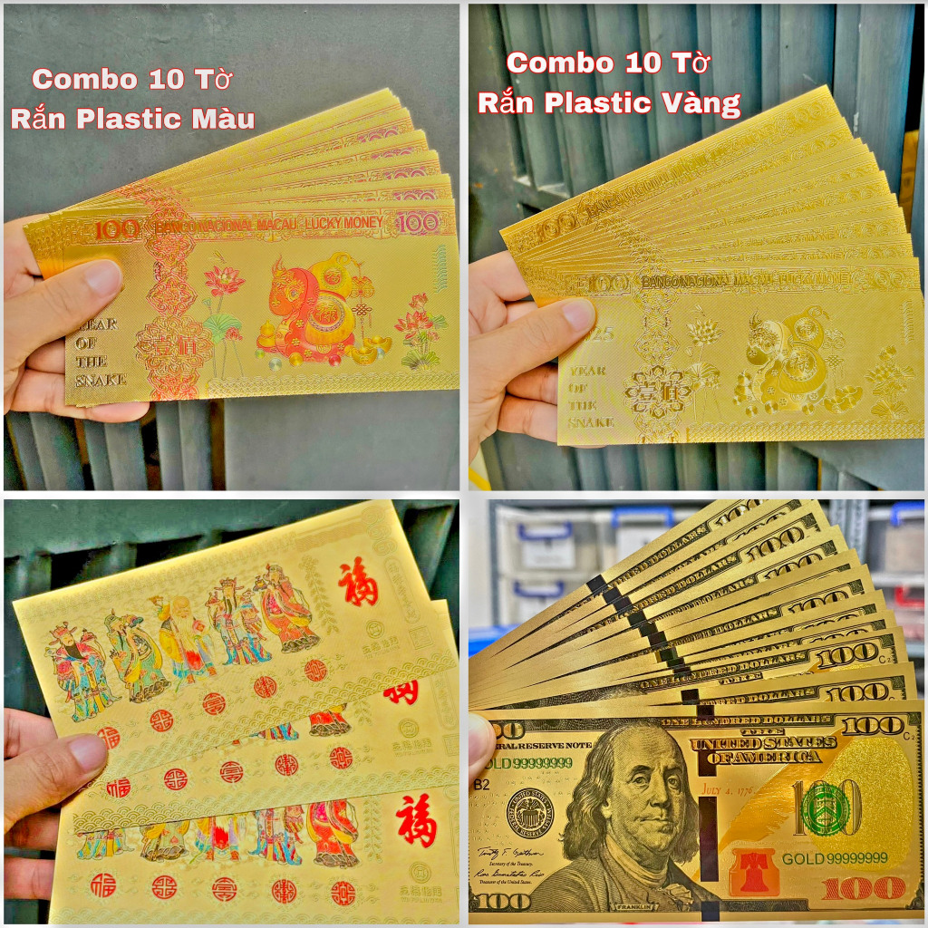 Sỉ 10 Tờ Tiền Con Rắn Plastic Mạ Vàng, Tiền Ngũ Phúc Thần tài, 100 Đô ...