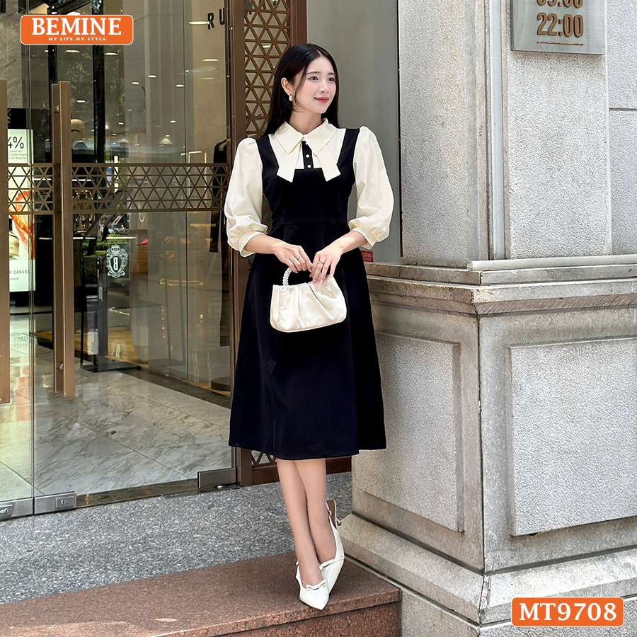 Ảnh Đầm thiết kế BEMINE cổ sơ mi tai thỏ dáng chữ A tay dài phù hợp đi làm, đi chơi-MT9708 3