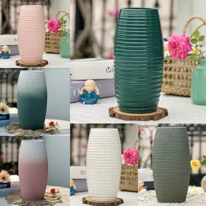 Bình Hoa Gốm Sứ Bát Tràng Dáng Bom Vân Ngang Men Mộc Decor Trang Trí Phòng Khách GomDecorTSC