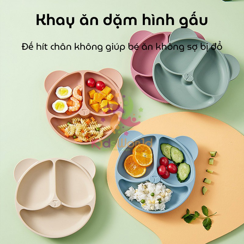 Ảnh Khay cho bé ăn dặm silicon hình gấu KidAndMom 3 ngăn có đế hút chân không chống trơn trượt 1