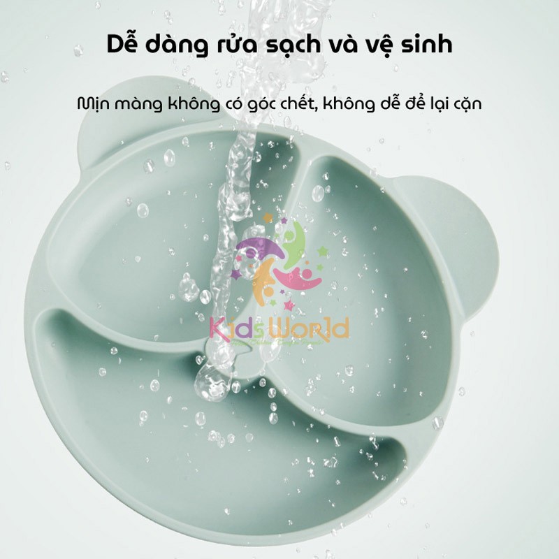 Ảnh Khay cho bé ăn dặm silicon hình gấu KidAndMom 3 ngăn có đế hút chân không chống trơn trượt 3
